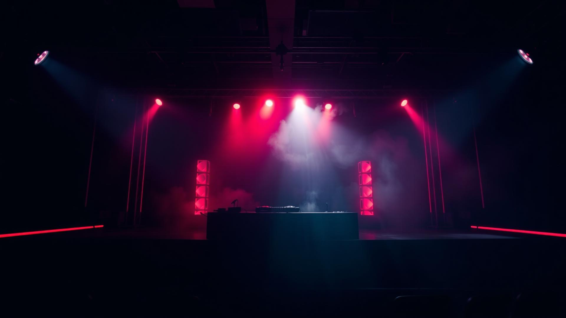 Scen med DJ-booth, ljud och ljus